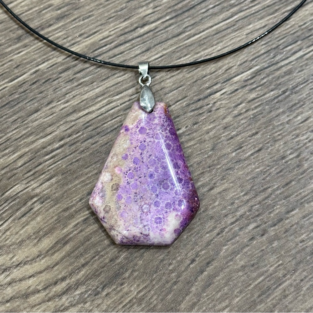 Purple Chrysanthemum Coral Fossil Shield Pendant Necklace – One of a Kind - Picture 2 of 10
